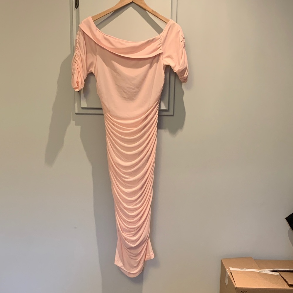 VENUS Blush Pink One-Shoulder Ruched Midi Dress